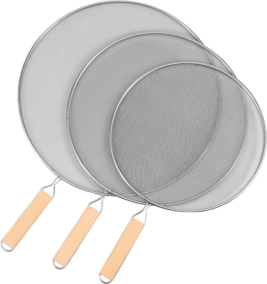 3 Pcs Splatter Screen for Frying Pan, Stainless Steel Fine Mesh Oil Splatter Guard, Splatter Guard with Wood Handle, Grease Splatter Guard for Cooking to Prevent Oil Splatter