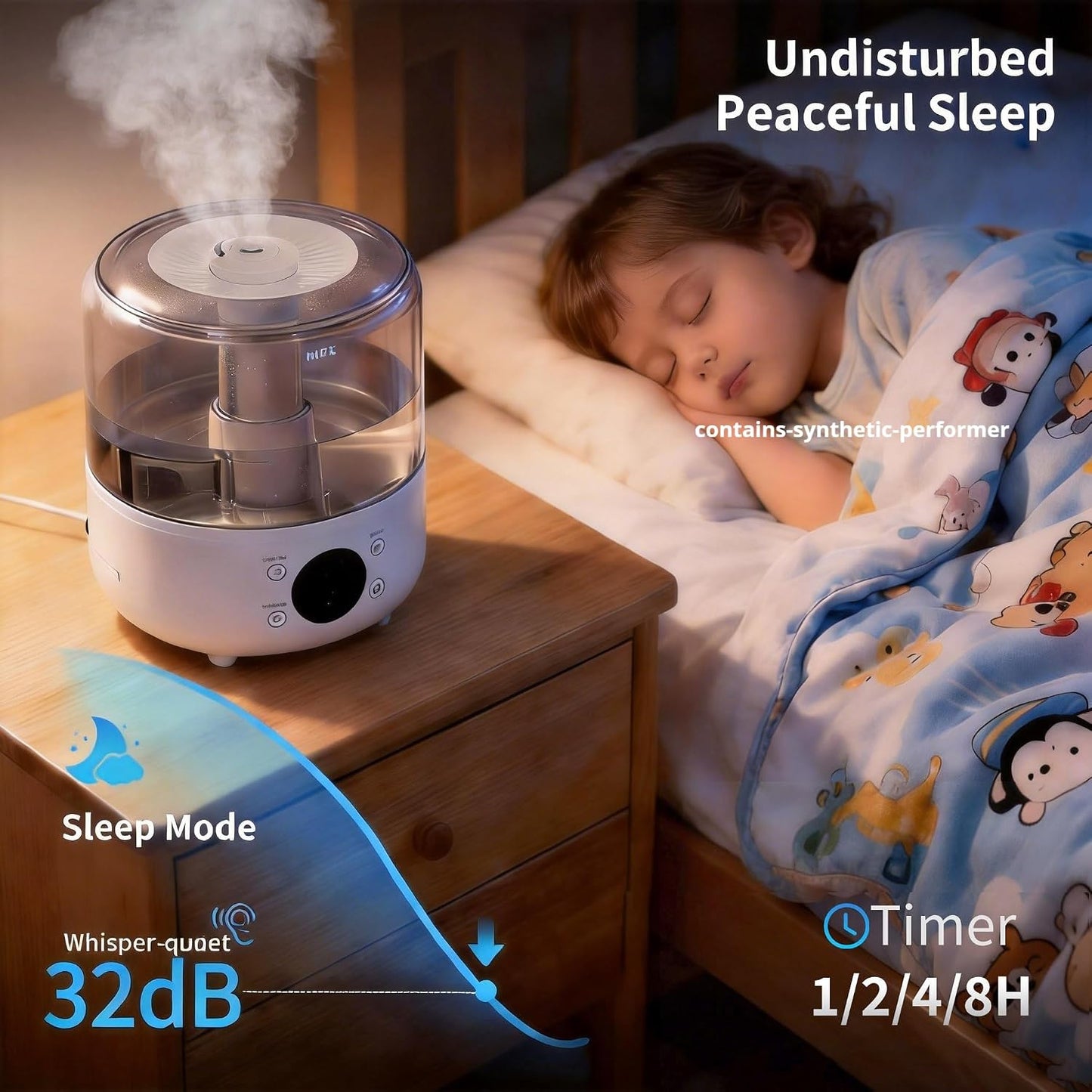 3L Top Fill Cool Mist Ultrasonic Humidifier for Bedroom, 30H Long Runtime, 32dB Ultra Quiet Baby Nursery Humidifier, Precise Humidity Sensor, Easy to Clean, 360° Nozzle for Large Room, Plants