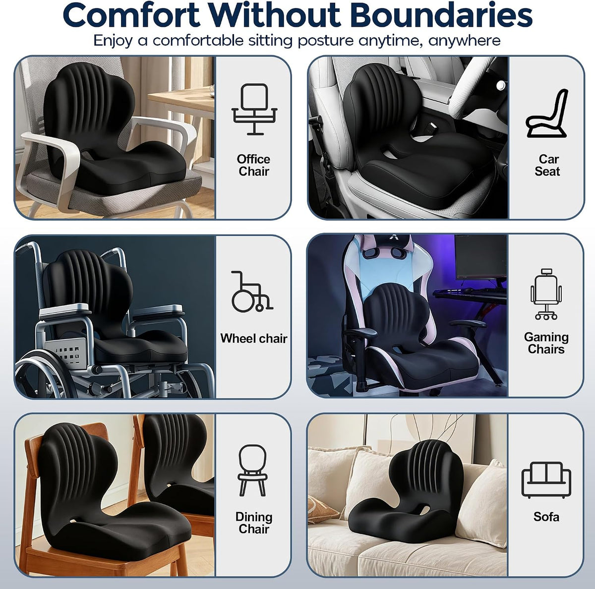 Seat Cushion for Office Chair and Car, L-Shaped Ergonomic Seat Cushions,Memory Foam Orthopedic Cushion with Coccyx Hollow,Lumbar Support & Tailbone Pain Relief for Car, Truck, Home,Gaming Chair,Black