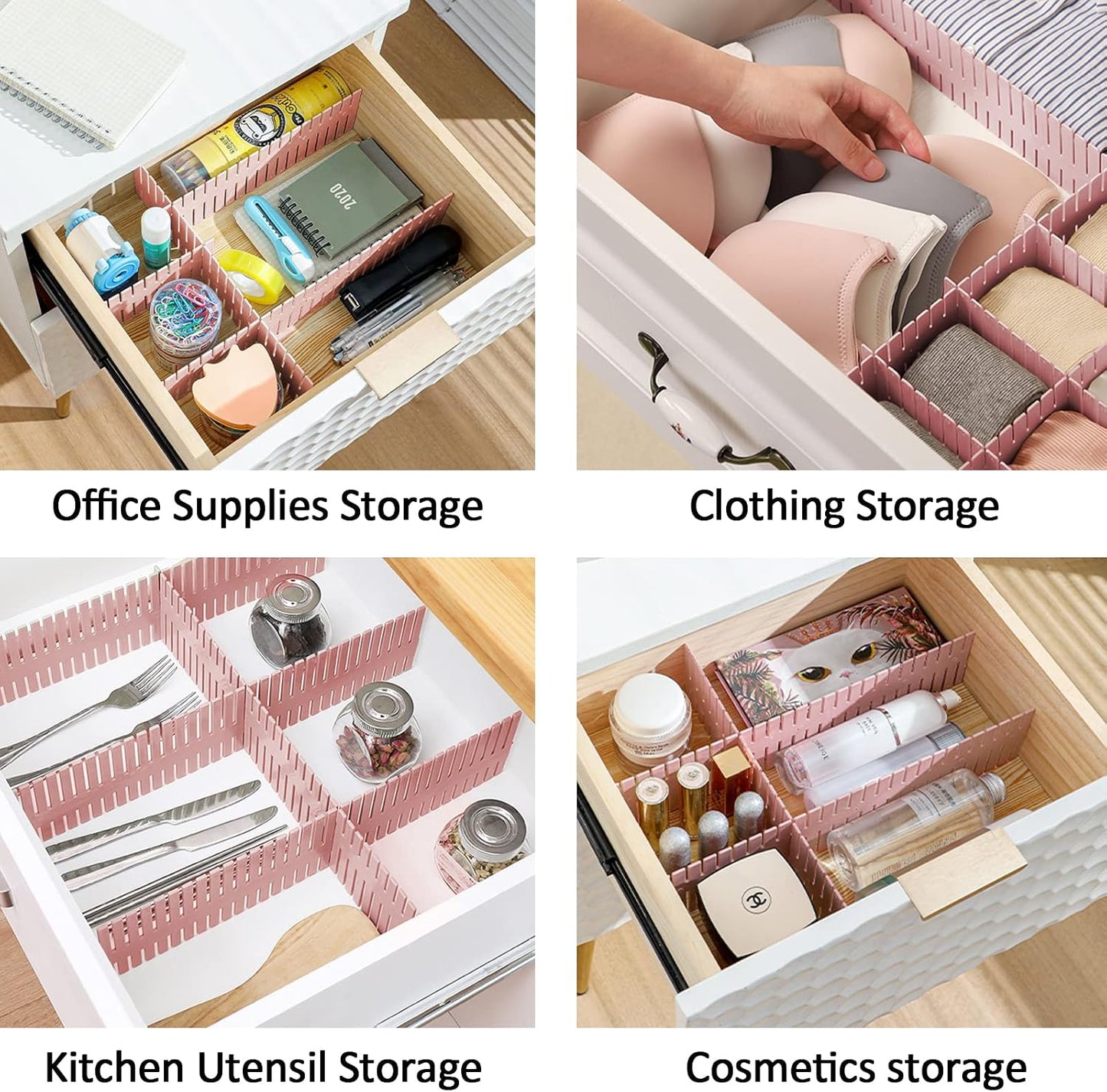 14.5 in White Adjustable Drawer Dividers, TWUTGAYW 8PC DIY Grid Drawer Organizer Dividers, Plastic Organizer Separator for Socks Underwear Makeup Cosmetic Clothes Can Help Tidy Kitchen Bedroom Dresser