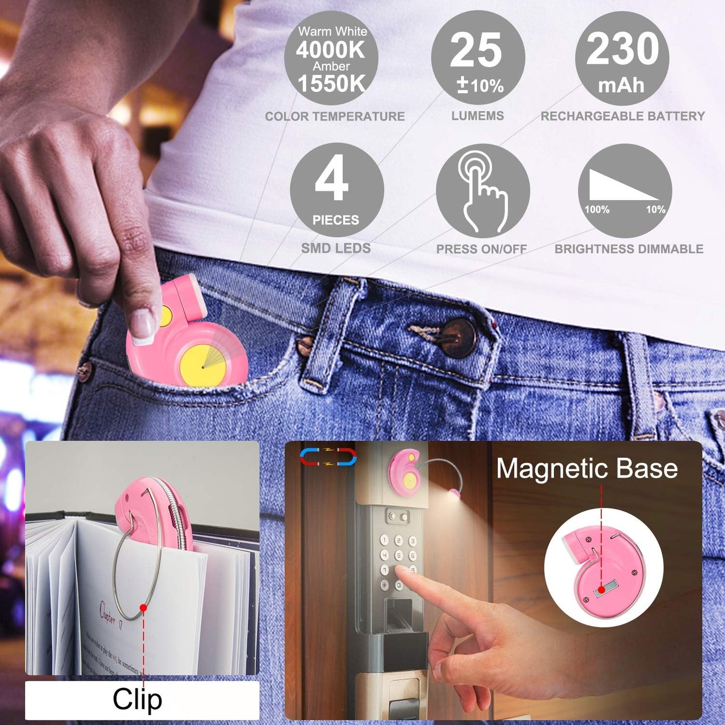 LUXSWAY Rechargeable Reading Light for Kids, LED Book Light with Magnetic Clip and Flexible Gooseneck, Cute Amber Bookmark Light - Violet