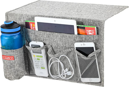 Zafit Linen 4 Pockets Bedside Caddy, Bedside Storage Organizer for Magazine, Remotes, Phone (Beige, Classic 4 Pockets)