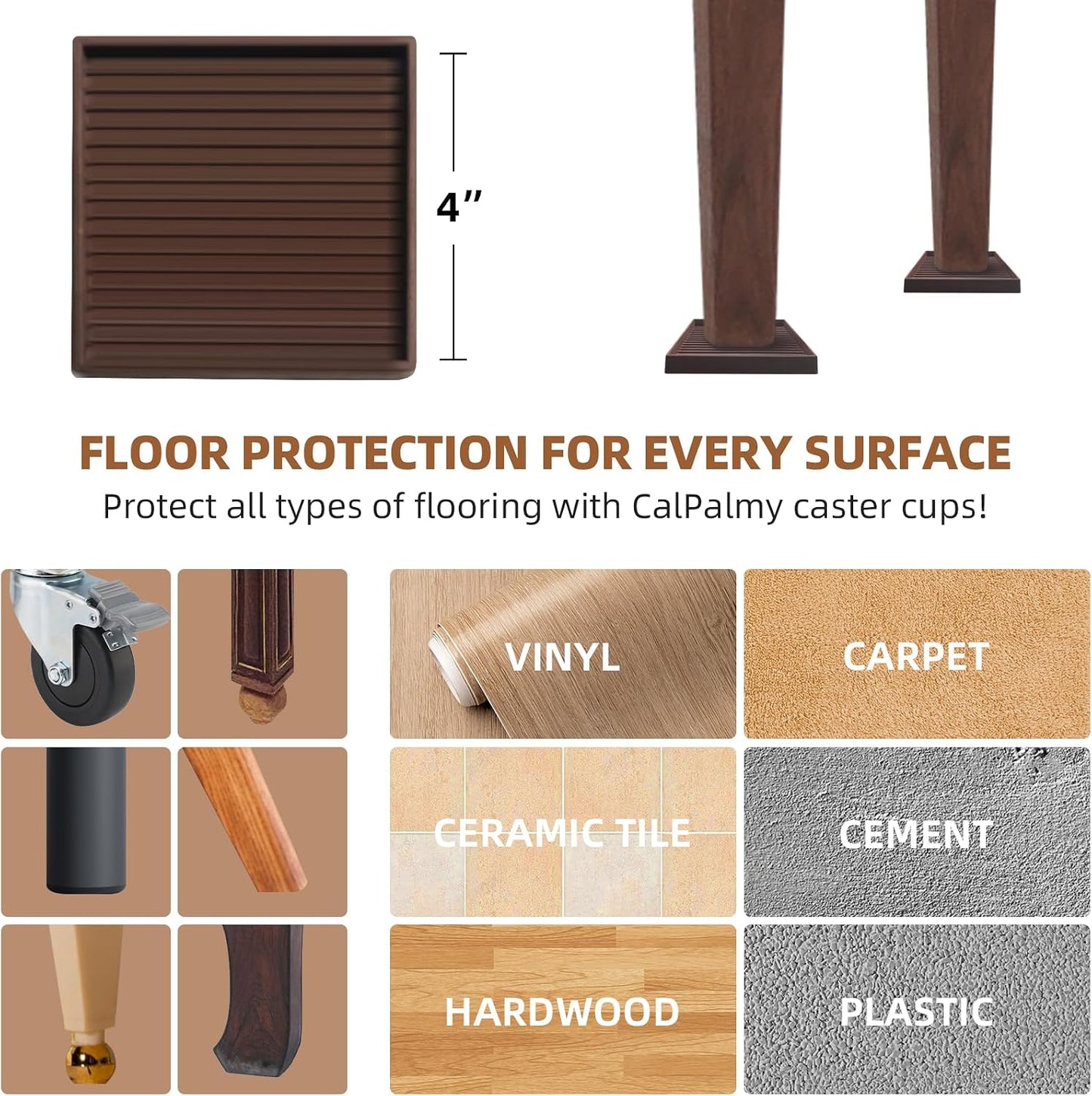 CalPalmy Non-Slip Furniture Pads - Set of 8 Brown 5x5 Square Rubber Anti-Skid Caster Cups for Couch, Chair, Bed, and Furniture Legs - Durable Floor Grip Coasters to Prevent Sliding