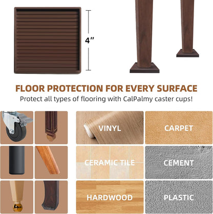 CalPalmy Non-Slip Furniture Pads - Set of 8 Brown 5x5 Square Rubber Anti-Skid Caster Cups for Couch, Chair, Bed, and Furniture Legs - Durable Floor Grip Coasters to Prevent Sliding