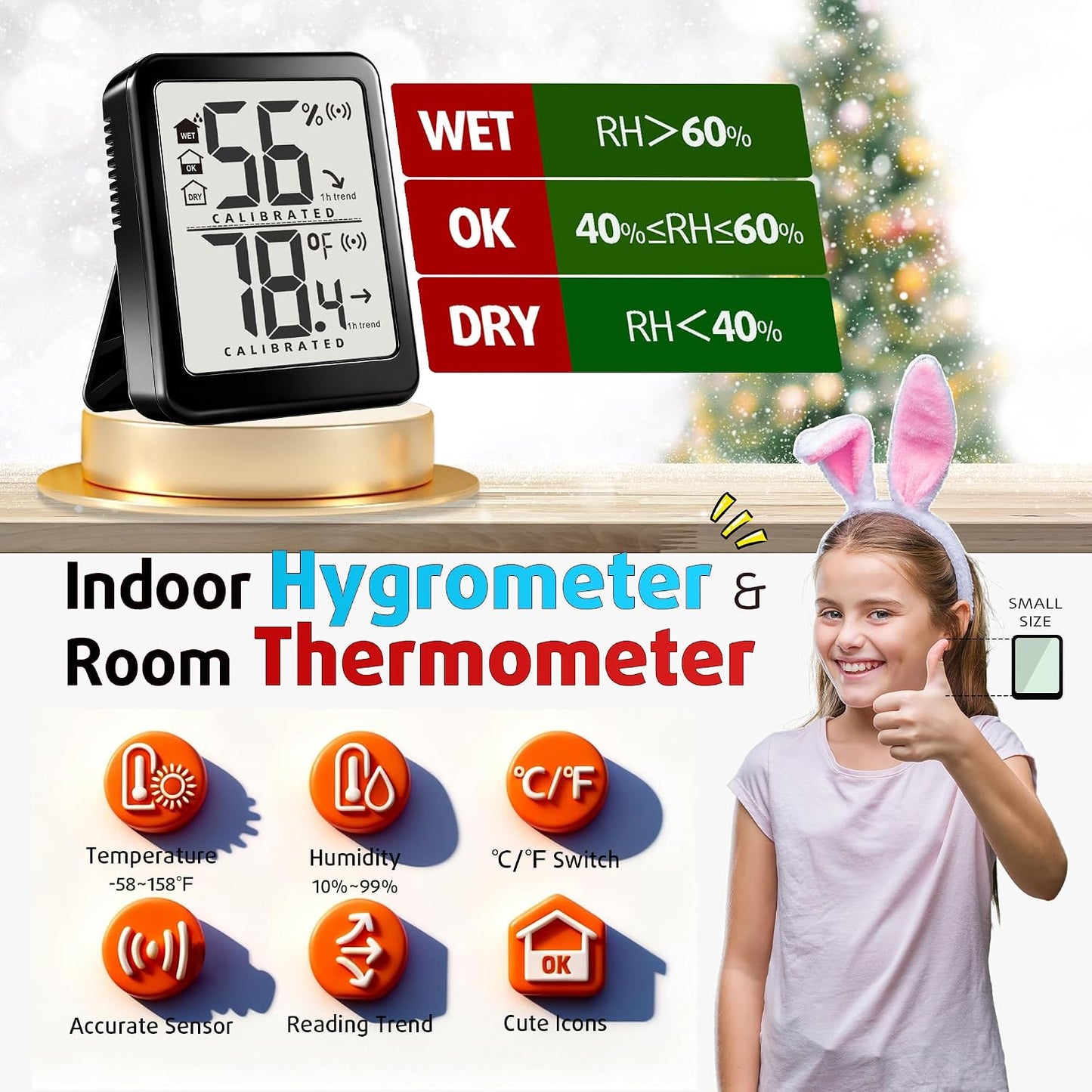 2 Pack Room Thermometer Small Hygrometer Indoor Humidity Monitor Sensor, Digital Temperature and Humidity Meter Gauge for Home, Baby Nursery, Reptile, Greenhouse - Battery Included