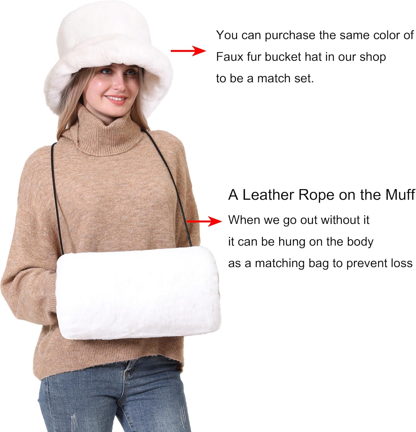 Faux Fur Hand Muff for Women Winter Hand Warm Warmer with PU Leather Strap