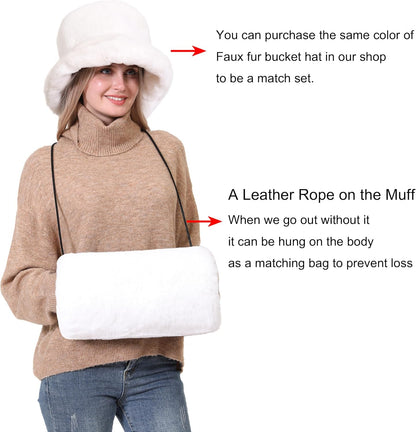 Faux Fur Hand Muff for Women Winter Hand Warm Warmer with PU Leather Strap