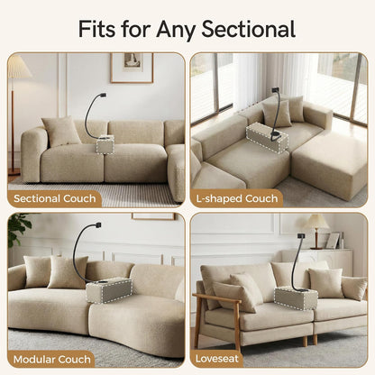 Couch Caddy with Cup Holder, 20.3 Inch White Armrest Console | Removable Sofa Armrest Organizer with Charging and Phone Holder, Storage for Remotes, Snacks and Everyday Essentials