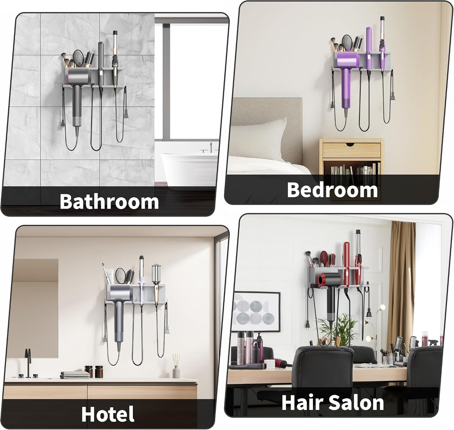 Hair Dryer Holder, Hair Tool Organizer Wall Mount, Adhesive or Drill, White | Blow Dryer Holder for Dryer Hook, Straightener Curling Irons Hairdryer Hair Appliance Hanger for Salon Bathroom Wall Storage
