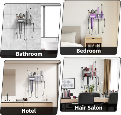 Hair Dryer Holder, Hair Tool Organizer Wall Mount, Adhesive or Drill, White | Blow Dryer Holder for Dryer Hook, Straightener Curling Irons Hairdryer Hair Appliance Hanger for Salon Bathroom Wall Storage