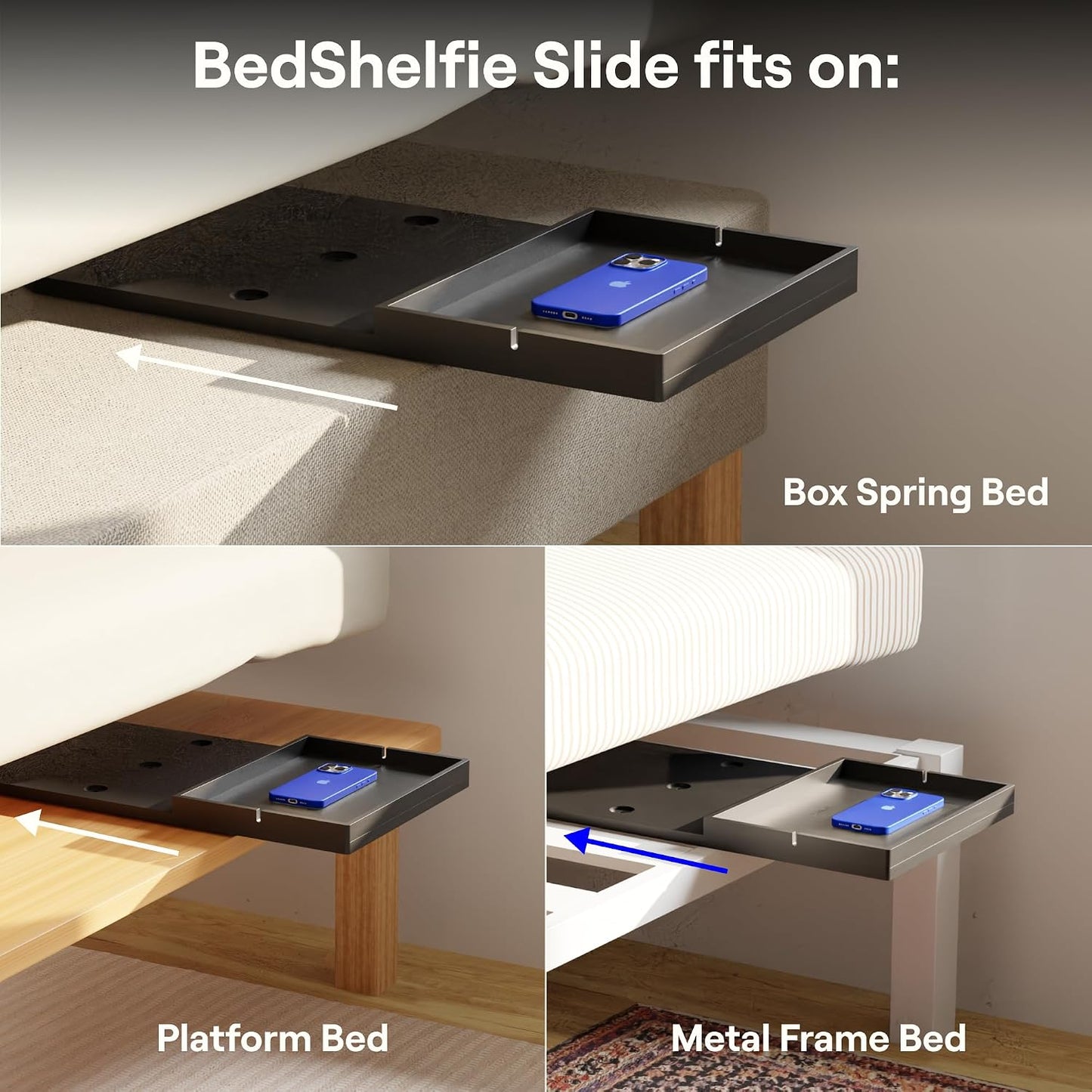 BedShelfie Bedside Shelf for Dorm Room Bunk Bed & Top Bunk, College Dorm Room Essentials, Bedside Caddy, Clip on Floating Desk Tray, Bed Side Table Storage, Loft Nightstand Decor - Black Wood Slide