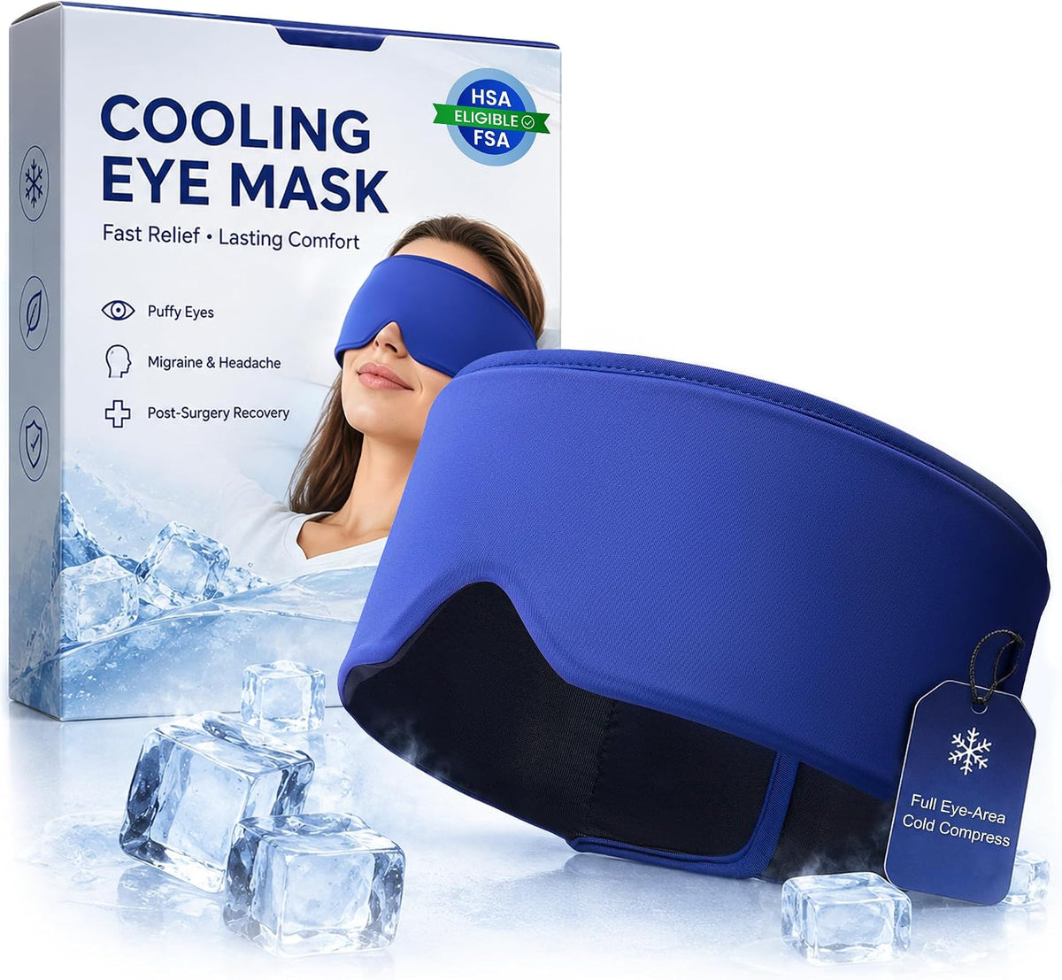 Cooling Gel Eye Mask for Puffy Eyes, Migraine & Headache Relief, Full Eye-Area Cold Compress for Eyes & Temples, FSA Eligible HSA Reusable Eye Ice Pack for Swelling & Post-Surgery Recovery