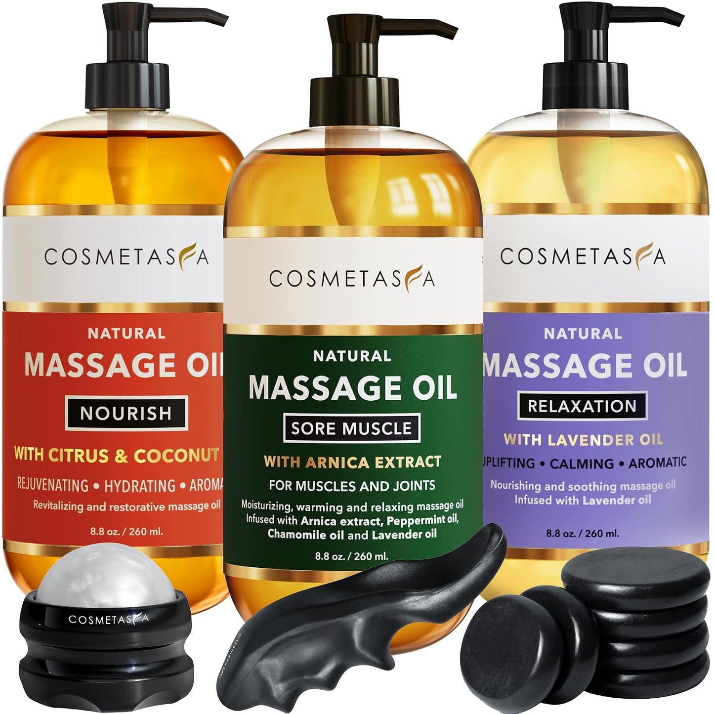 Cosmetasa Massage Oil for Sore Muscle Massage Therapy with Roller - All Natural, Cruelty-Free Massage Oils for Muscle Relaxing & Joint Comfort - Arnica Extract with Lavender & Chamomile Oil (8.8 oz)