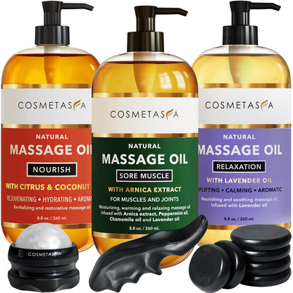 Cosmetasa Massage Oil for Sore Muscle Massage Therapy with Roller - All Natural, Cruelty-Free Massage Oils for Muscle Relaxing & Joint Comfort - Arnica Extract with Lavender & Chamomile Oil (8.8 oz)