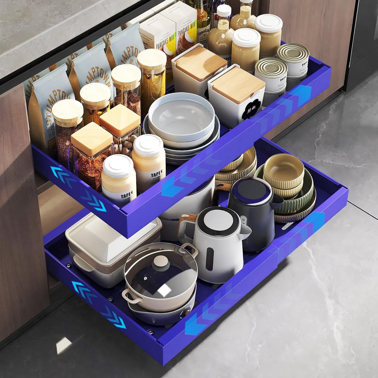 Mustorn 2 Pack Pull Out Cabinet Organizer, Slide Out Drawers for Cabinets, Peel and Stick, Heavy Duty Shelves for Kitchen, Cupboard, Pantry, Bathroom (16.5"D*11.8"W*3.94"H-Black)
