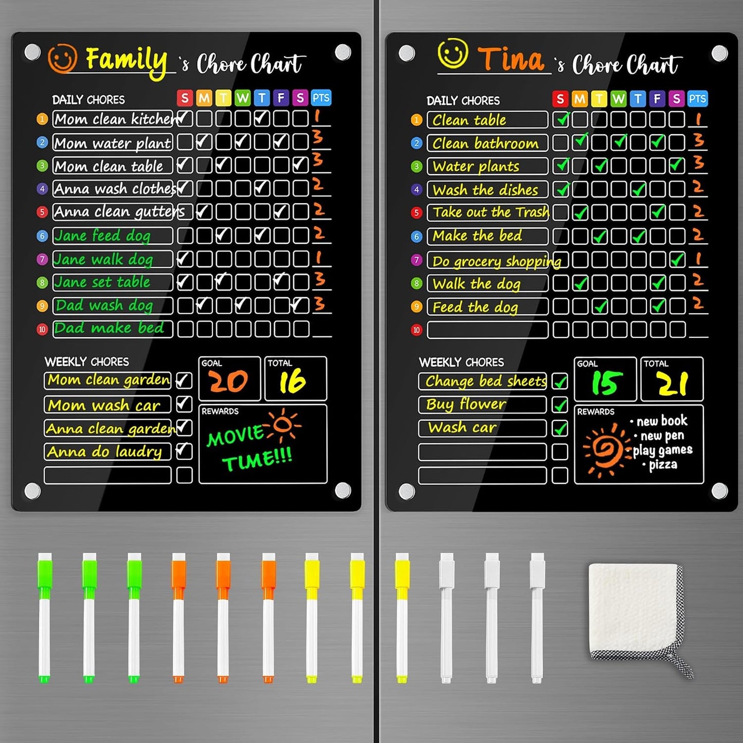 PigPotParty 2-in-1 Acrylic Magnetic Chore Chart for 2 Kids, Large 16x12 in | Clear Dry Erase Fridge Chore Board for Teens, Roommates; Vibrant Layout; Embedded Magnets; 12 Wet-Erase Markers and Towel