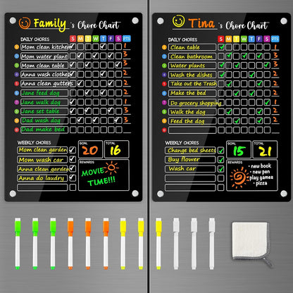 PigPotParty 2-in-1 Acrylic Magnetic Chore Chart for 2 Kids, Large 16x12 in | Clear Dry Erase Fridge Chore Board for Teens, Roommates; Vibrant Layout; Embedded Magnets; 12 Wet-Erase Markers and Towel