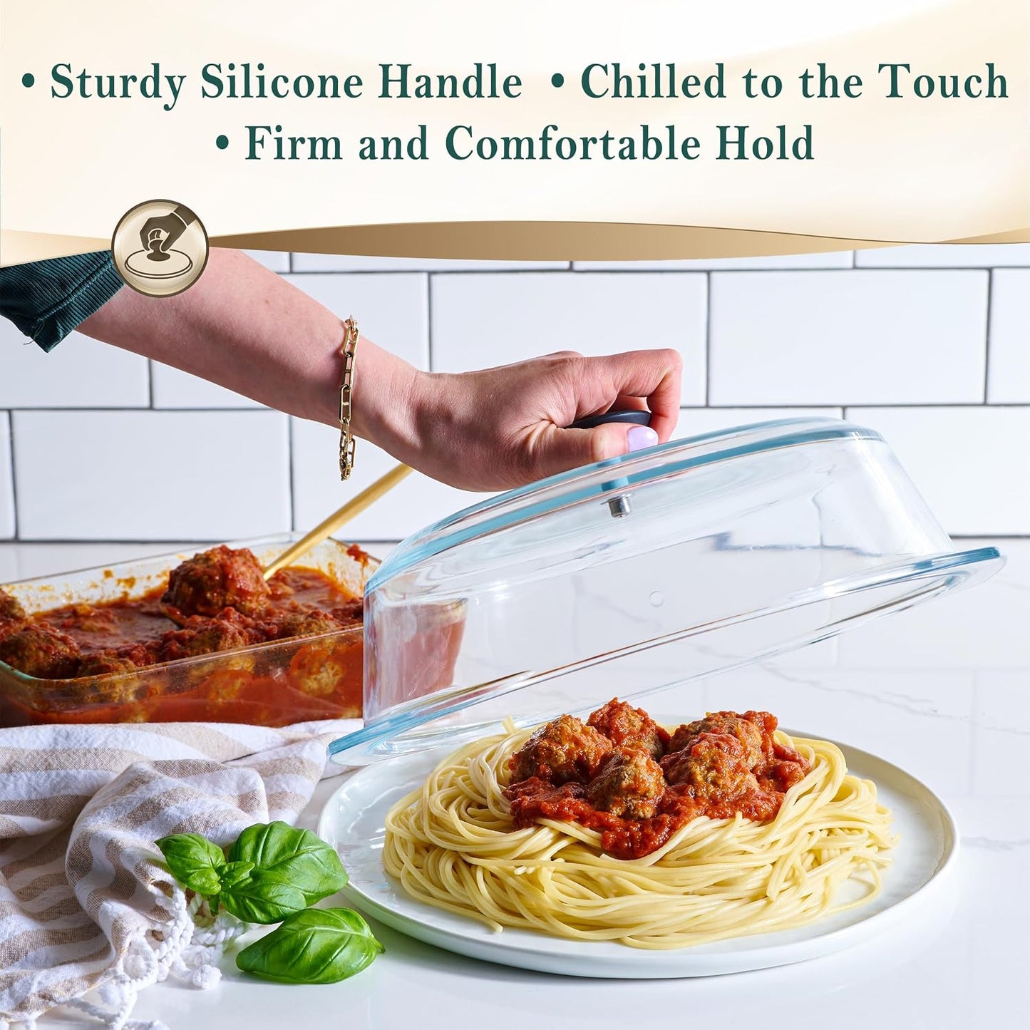 Le'raze 10inch Glass Microwave Splatter Cover for Food - 100% Food Grade BPA & Lead Free - Dishwasher Safe - Cookware & Bakeware Serving Dish Plate Mess Guard Lid with Easy Grip Silicone Handle Knob