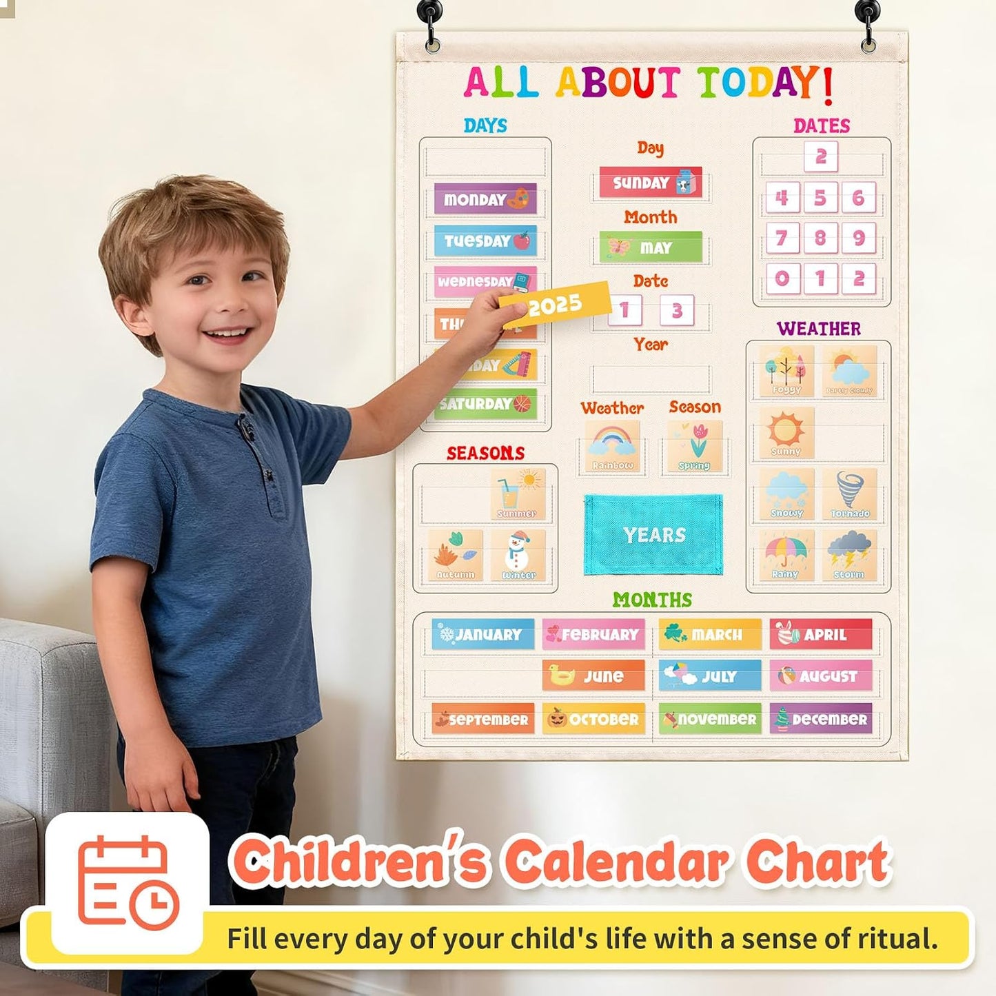 Daily Morning Board Circle Time Calendar Weather Seasons Positive Affirmations Letter Shape Number of the Day Pocket Chart,Toddler Preschool Calendar,Homeschool Morning Work Activity, Pastel Design