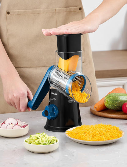 Geedel Rotary Cheese Grater, Kitchen Mandoline Vegetable Slicer with 3 Interchangeable Blades, Easy to Clean Rotary Grater Slicer for Fruit, Vegetables, Nuts | 3 Blades, 430 Stainless Steel, 12x Fast Cutting, Strong Suction Base, No BPA, Dishwasher Safe,