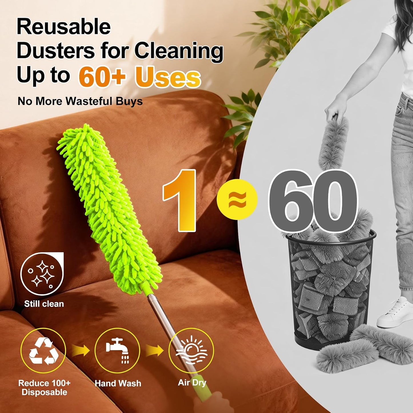 Tiumso Microfiber Feather Duster 5-in-1 Kit, Dusters for Cleaning, Duster with Extension Pole 100 Inches, Cobweb Duster, Microfiber Dusters for High Ceilings and Fans, Blinds, Cars and Furniture