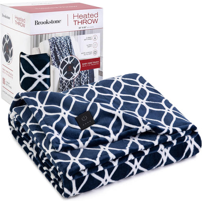 Brookstone Electric Heated Plush Throw - Heated Blankets - 4 Heat Settings, 4-Hour Auto Shut Off, 100% Polyester, 50"x60" - Blue Trellis