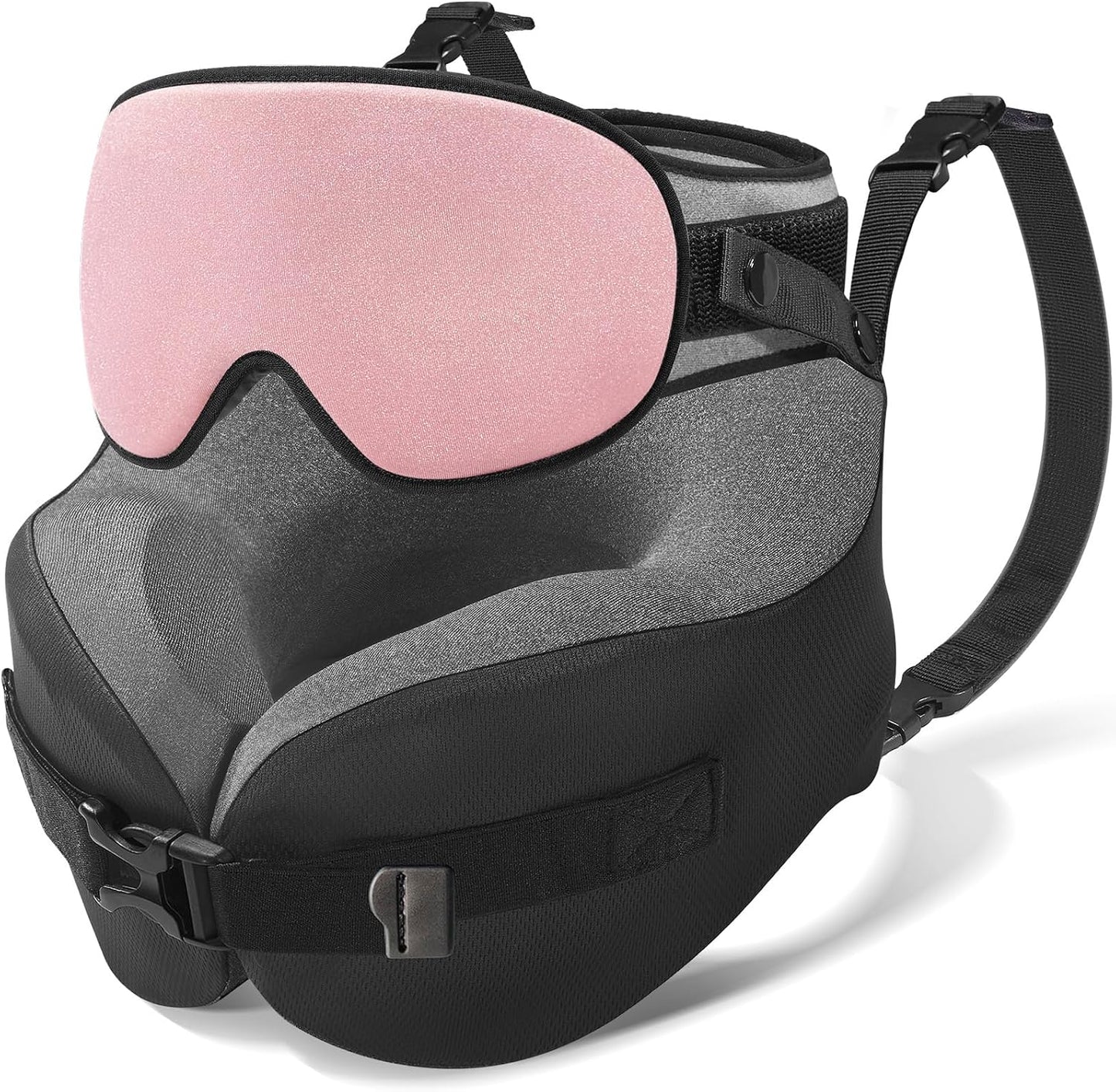 YFONG Travel Pillow with Head Support & Sleep Mask for Long Flights, Black | Patented 360° Support System, Prevents Bobbing, Airplane Head Strap, 3D Eye Mask, Memory Foam Neck Pillow, Travel Essential