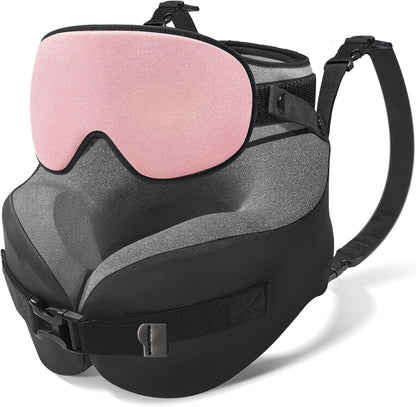 YFONG Travel Pillow with Head Support & Sleep Mask for Long Flights, Black | Patented 360° Support System, Prevents Bobbing, Airplane Head Strap, 3D Eye Mask, Memory Foam Neck Pillow, Travel Essential