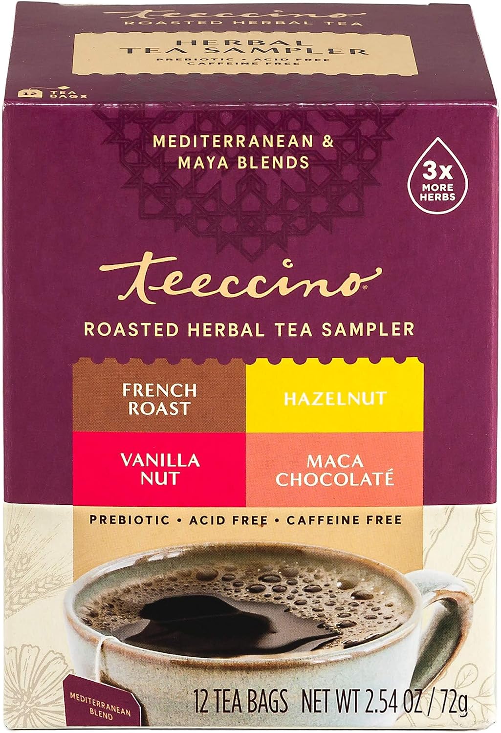 Teeccino Herbal Tea Sampler Assortment - 12 Tea Bags - Maca Chocolaté, French Roast, Hazelnut, Vanilla Nut - Roasted Caffeine Free Herbal Tea, Prebiotic for Natural Energy