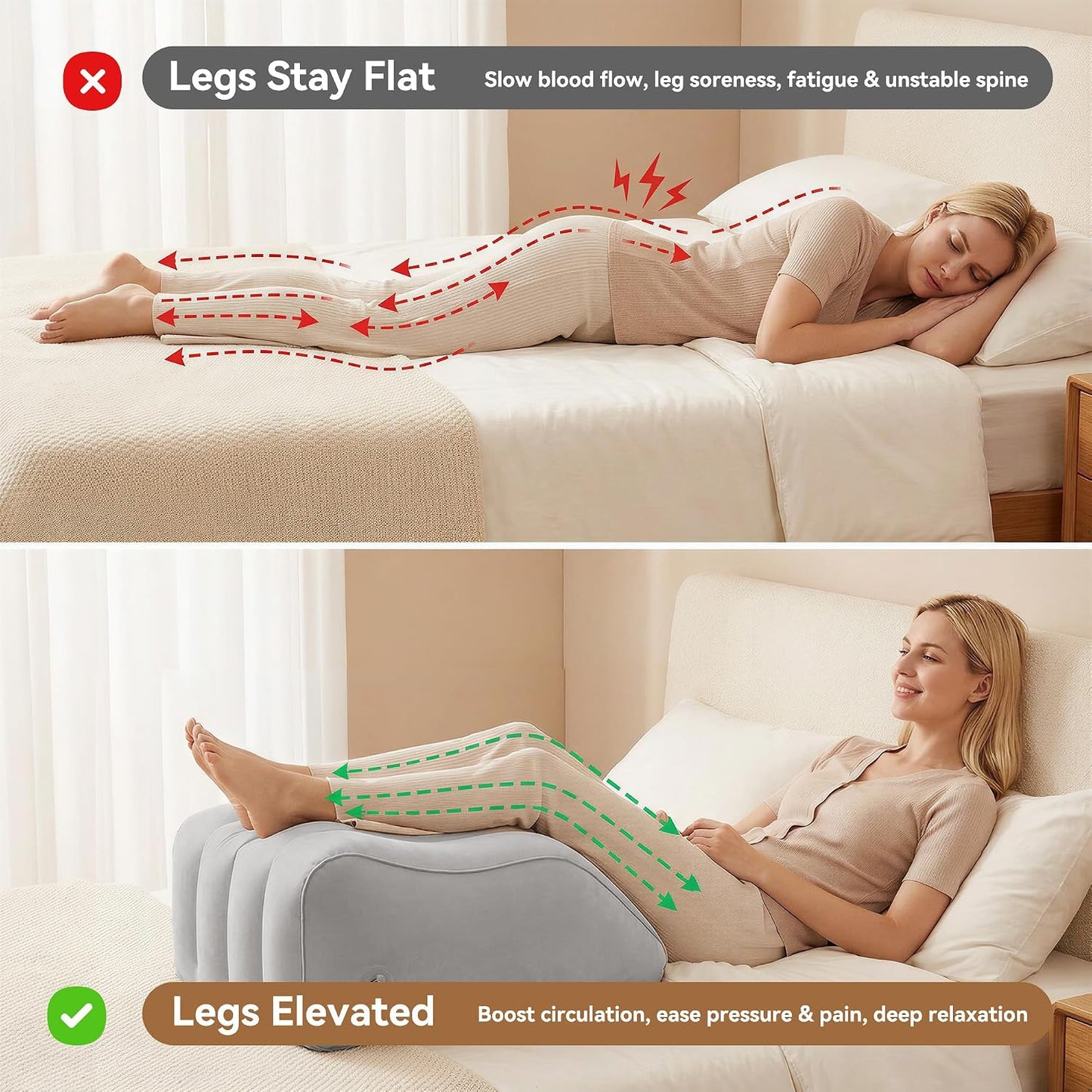Inflatable Leg Elevation Pillow for Sleeping, Blood Circulation | Gray Ergonomic Wedge Pillow for Swelling, Portable Travel Leg Rest Cushion