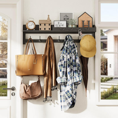 AMBIRD Wall Hooks with Shelf, 26.57 Inch Entryway Wood Coat Hooks for Wall with Shelf, Coat Rack Wall Mount with 5 Dual Hooks 3 Key Hooks Mail Organizer and Key Rack Holder (Brown)