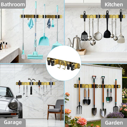 Broom Holder Wall Mount, Stainless Steel Mop and Broom Organizer, Broom Hanger with 2 Slots 2 Hooks for Home Kitchen, Garage, Garden and Laundry Room, Black