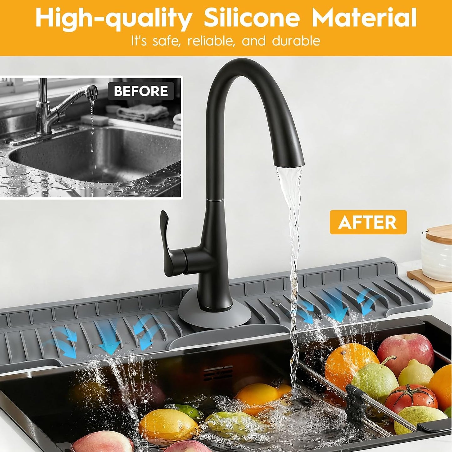 16" Silicone Faucet Mat for Kitchen Sink of The Lastest, Beige | 8° Slope Fast Self-draining, Kitchen Sink Water Splash Guard, Behind Faucet Draining Mat, for Bathroom Kitchen Sink Area
