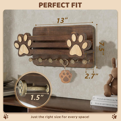 MTERSN Dog Leash Holder for Wall with Wall Shelf for Dog Lover, White | 3D Paw-print Design, Mail Holder for Wall with 6 Hooks for Dog Leash & Sunglasses, Put Dog Food Container, Rustic Home Decor