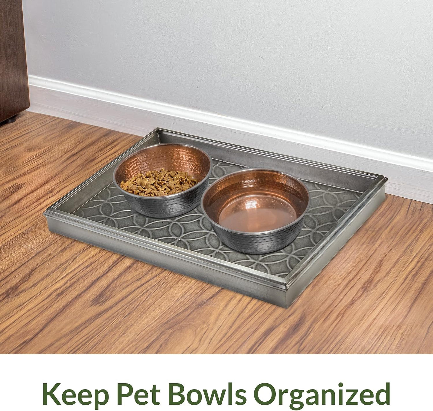 Good Directions 20″ x 14″ Decorative Squares Design Metal Boot Tray – Galvanized Steel with Copper Finish, Multi-Purpose Shoe, Plant & Pet Bowl Tray