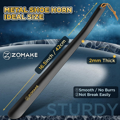 ZOMAKE Shoe Horn Long Handle for Seniors Men Women, Metal Shoehorn 16.5" | Stainless Steel Boot Horn Shoe Spoon Helper, Smooth Rounded Curve, Comfort Grip, No Bending Over, Shoe Care for Daily Use