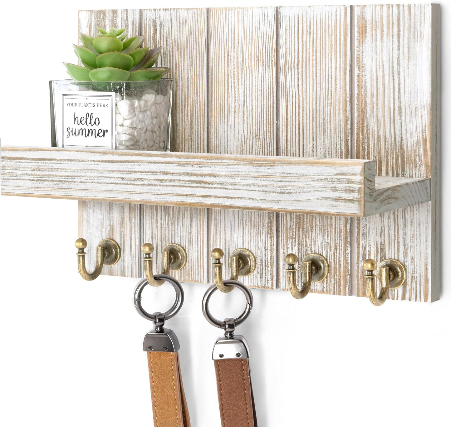 Rebee Vision Key Holder Wall Mount with 5 Key Hooks for Home Decor, Brown | 3.54'' x 10'' x 7.28'', Small Shelf for Display Plant, Key Hangers for Hat, Entryway Space-Saving Storage