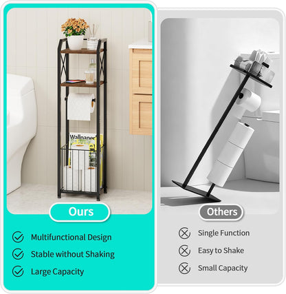 HapiRm Freestanding Toilet Paper Holder - 4-Tier Bathroom Tissue Organizer with Wood Shelves and Large Basket, Toilet Paper Holder Stand for Bathroom, Laundry Room, Apartment - Black（Large）