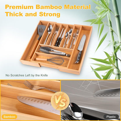 Expandable Bamboo Kitchen Drawer Organizer for Cutlery and Utensils, Adjustable Bamboo Wood Cutlery Tray in Drawer for Flatware and Silverware in Kitchen, (Natural)