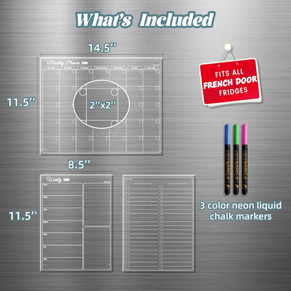 Clear Non-Magnetic Calendar Set for Fridge - Dry Erase Transparent Monthly and Weekly Calendar, List and Blank Whiteboard - Sticks to Wall, Glass, Door, Any Smooth Surfaces