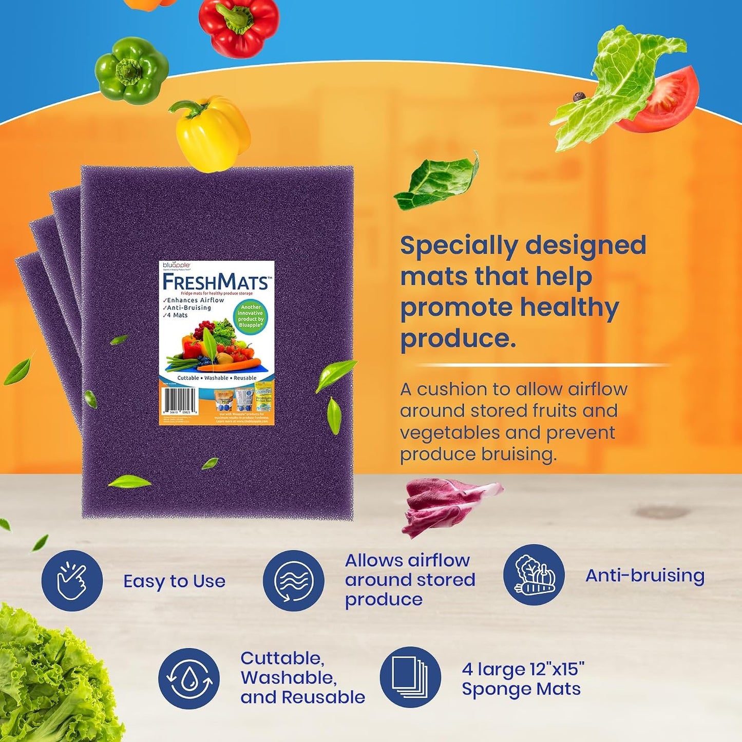 Bluapple FreshMats - Refrigerator Bin Liners, Fridge Drawer Mats - Keeps Produce Fresh Longer, Prevents Bruising, Promotes Air Circulation - BPA-Free Polyurethane Foam - (4-Piece Set, 12"x15", Green)