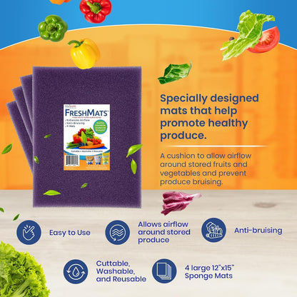 Bluapple FreshMats - Refrigerator Bin Liners, Fridge Drawer Mats - Keeps Produce Fresh Longer, Prevents Bruising, Promotes Air Circulation - BPA-Free Polyurethane Foam - (4-Piece Set, 12"x15", Green)