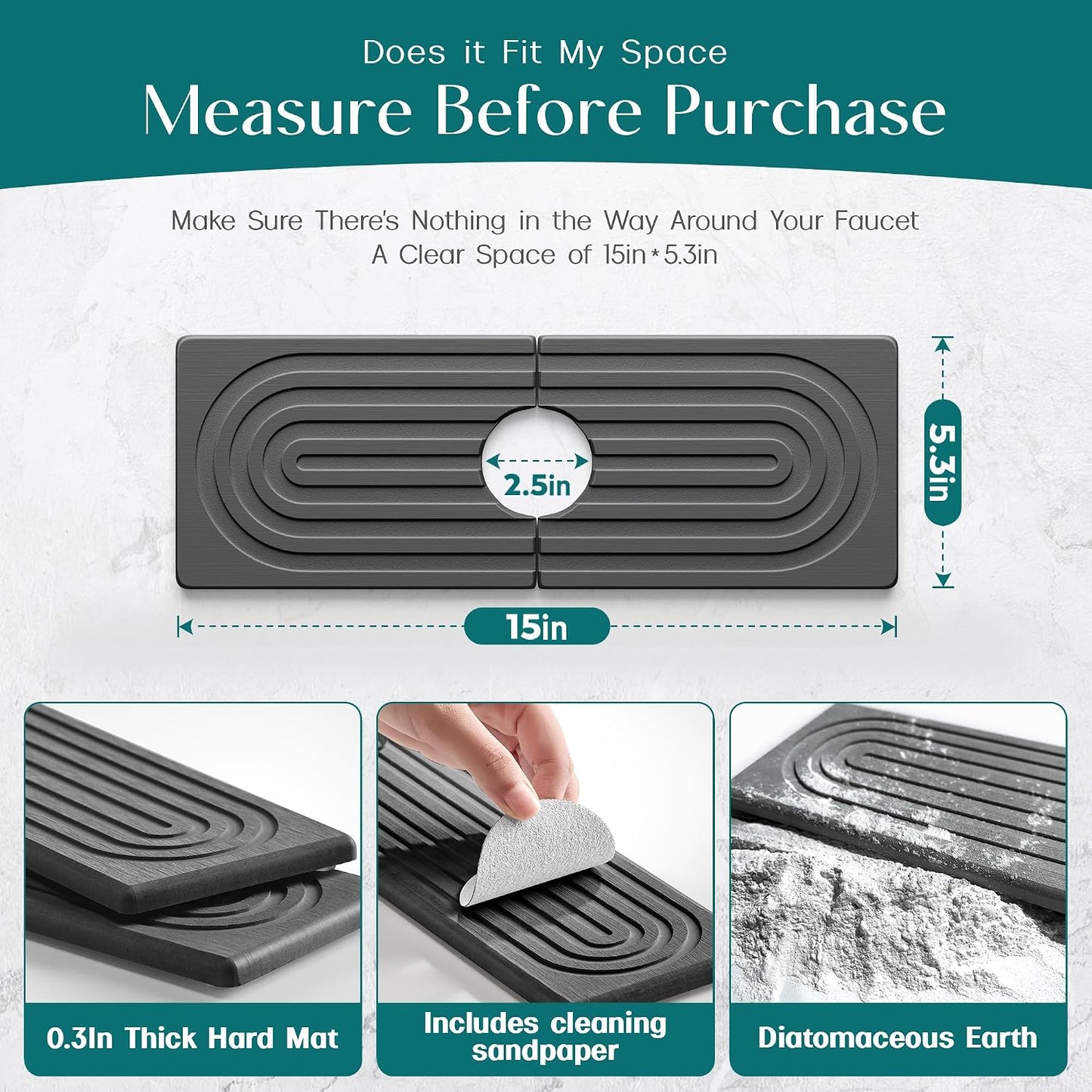 Stone Faucet Mat for Kitchen Sink – Diatomite Drying Stone Mat & Sink Protector, Prevents Moisture – Sink Splash Guard Water-Absorbing Stone Tray for Bathroom Counter (Light Grey, 20" x 3.9")