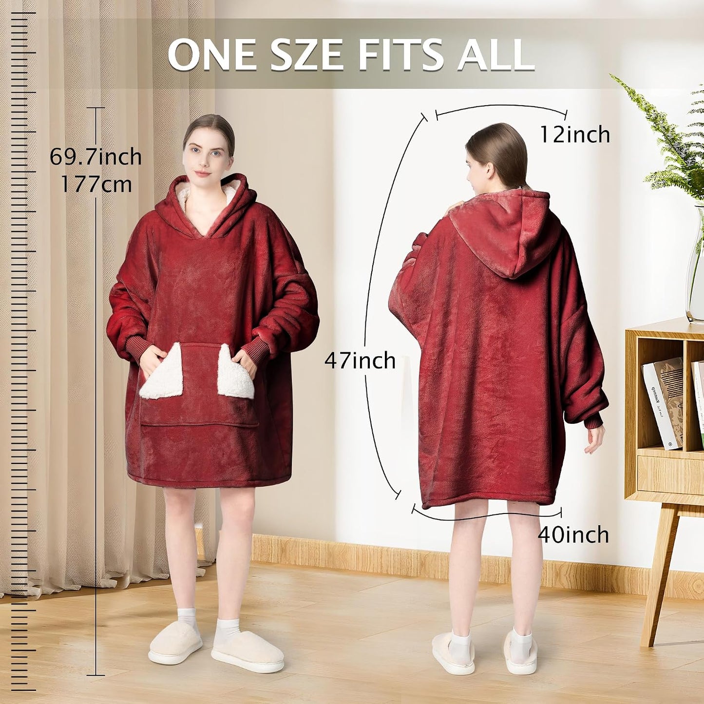 Wearable Blanket Hoodie, Oversized Sherpa Fleece Sweatshirt Blanket with Giant Hood Pocket and Sleeves for Adult, Warm & Cozy Grey Blanket Gifts for Women
