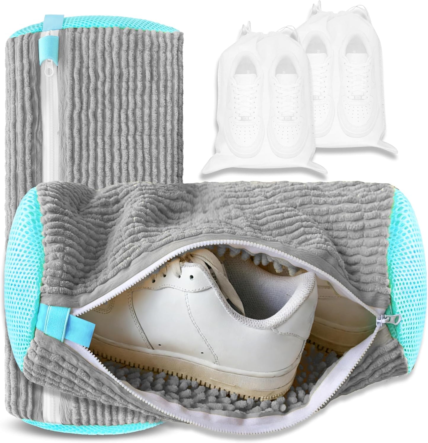 Reusable Shoe Washing Bag, 2-Pack Chenille Laundry Bag for Washer & Dryer. | Soft chenille fibers help deep clean sneakers while the hidden zipper keeps shoes secure and helps protect your washer.