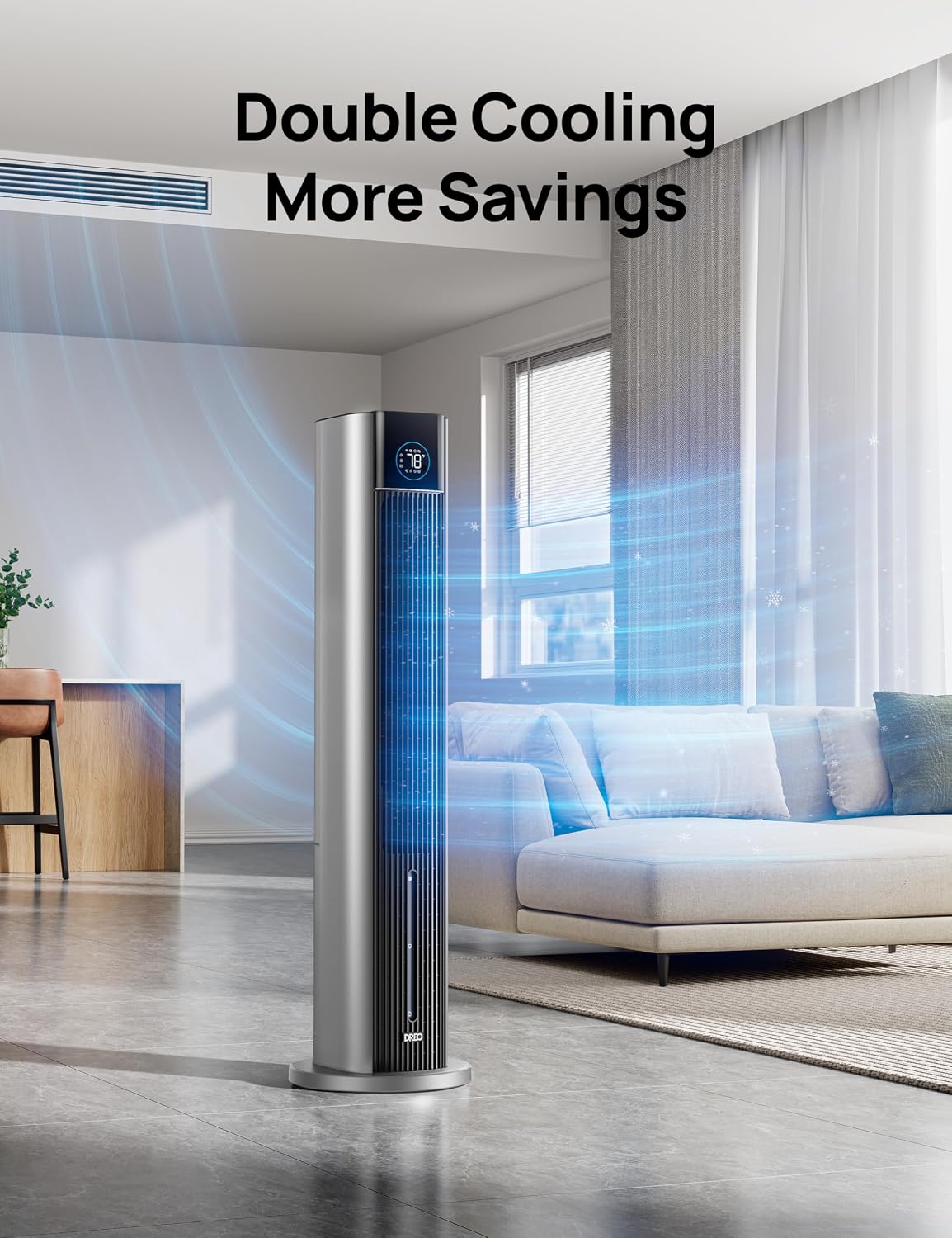 DREO Tower Fan for Bedroom, 43" Cooling Fans That Blow Cold Air 2025 Upgraded, Evaporative Air Cooler, Quiet 85° Oscillating Floor Fan, Easy Cleaning, APP Control, 4 Modes & 4 Speeds, Ink Black