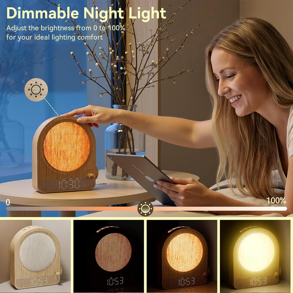 Vivilumens Gradual Sunrise Alarm Clock & White Noise Sound Machine for Better Sleep - Wood Grain Design, Wake-Up Light, Night Light, 10 Natural Sounds, Dual Alarms for Heavy Sleepers