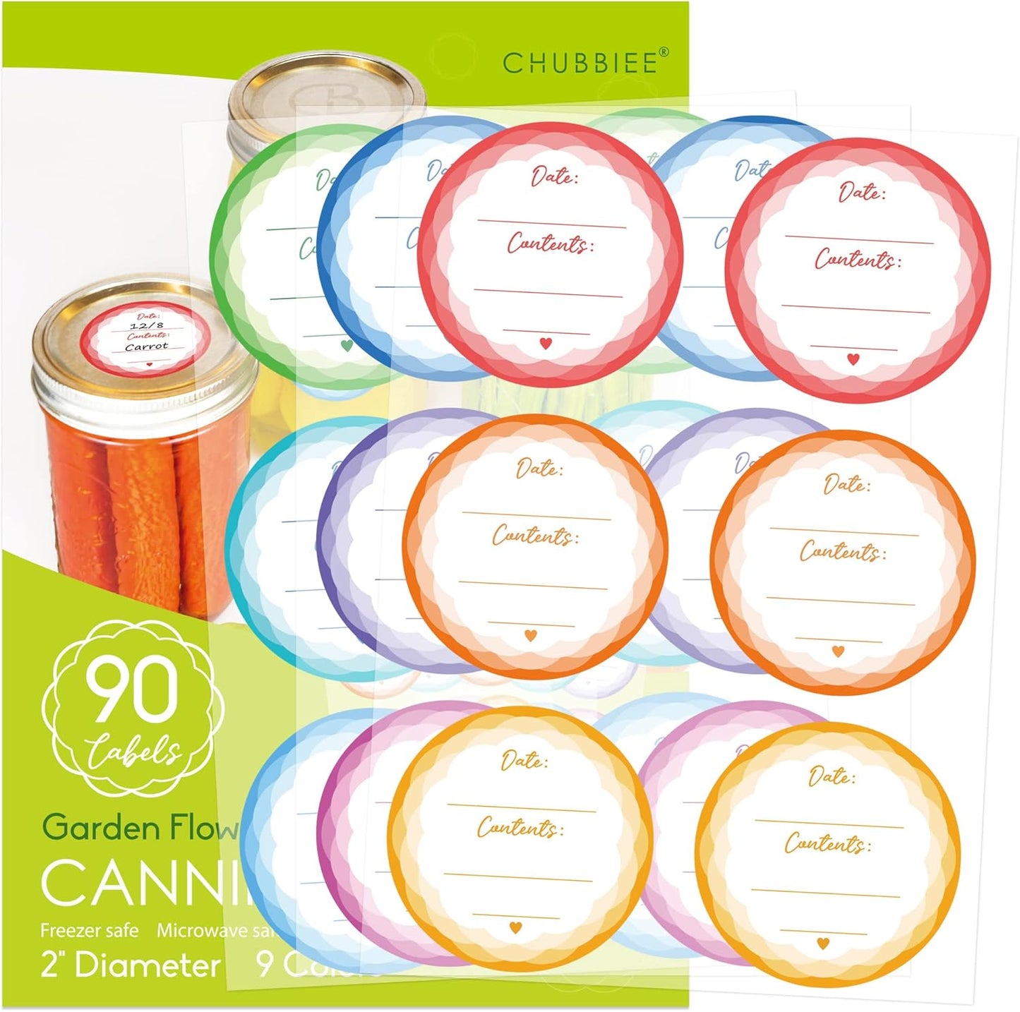2" Mason Jar Canning Labels, 9 Colors, Microwave/Freezer Safe, 90 | Waterproof, removable stickers for glass or plastic. Easy to write on and removes with zero sticky residue.