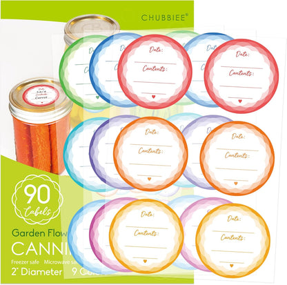 2" Mason Jar Canning Labels, 9 Colors, Microwave/Freezer Safe, 90 | Waterproof, removable stickers for glass or plastic. Easy to write on and removes with zero sticky residue.