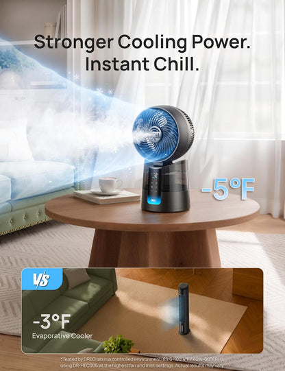 DREO TurboCool Misting Fan 516, 5℉ Drop Cooling Fans that Blow Cold Air | 150°+30° Omni-directional Oscillating, Evaporative air cooler, 26 ft/s Wind, Ultrafine Mist, 20dB, 6 Speeds 2 Modes, Grey